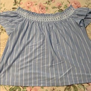 off the shoulder blue striped shirt
